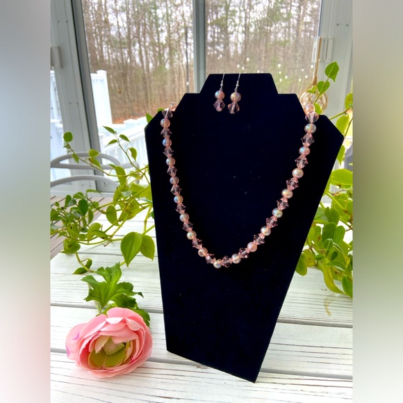 Vintage Pink Beaded Necklace and Earring Set - Picture 1 of 8